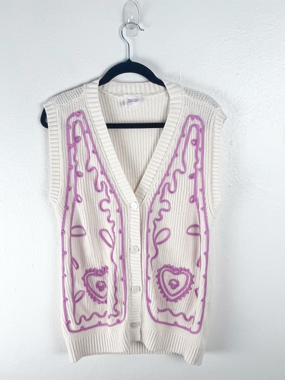 SHOP THE CHIC GIRL Cream Pink Embroidery Button V-Neck Cardigan Medium Preppy